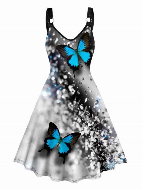 Butterfly Print A Line Dress O-ring Strap Sleeveless High Waist Dress