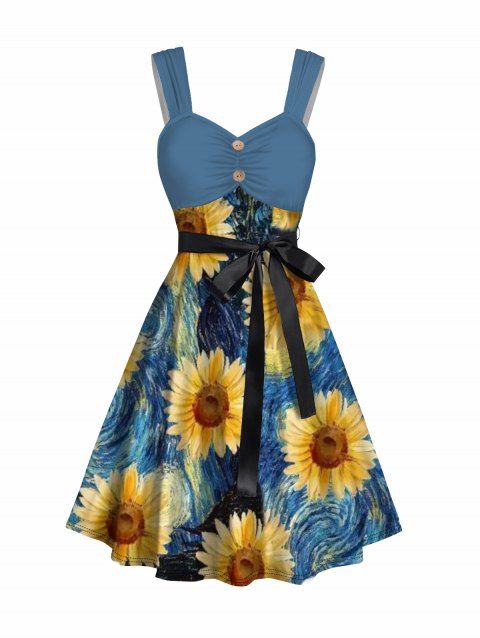 Sweetheart Neck Sunflower Print Mock Button Ruched Bust Tank Belt Renaissance Dress