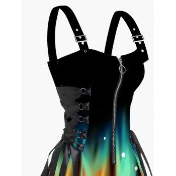 Galaxy Colorful Print Lace Up Mini Dress Half Zipper Adjustable Buckle Strap Dress 