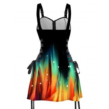 Galaxy Colorful Print Lace Up Mini Dress Half Zipper Adjustable Buckle Strap Dress 