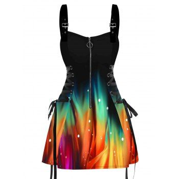 Galaxy Colorful Print Lace Up Mini Dress Half Zipper Adjustable Buckle Strap Dress 
