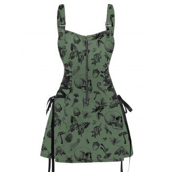 Skull Animal Plant Print Buckle Strap Dress Lace Up Half Zipper Mini Dress 