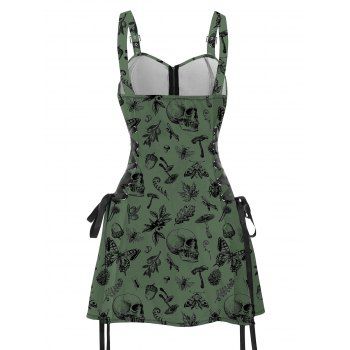 Skull Animal Plant Print Buckle Strap Dress Lace Up Half Zipper Mini Dress 