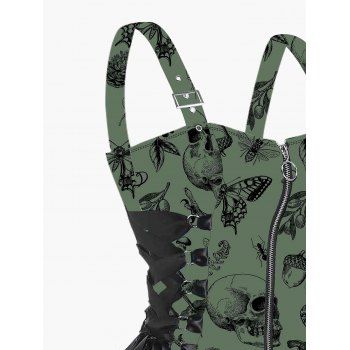 Skull Animal Plant Print Buckle Strap Dress Lace Up Half Zipper Mini Dress