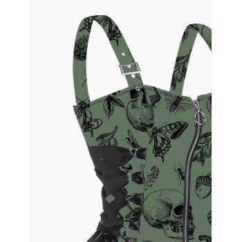 Skull Animal Plant Print Buckle Strap Dress Lace Up Half Zipper Mini Dress 