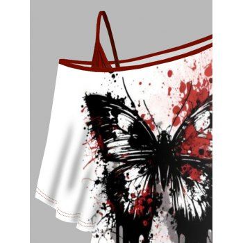 Butterfly Bleeding Print Oblique Shoulder T-shirt And Cinched V Neck Spaghetti Strap Camisole Two Piece Set