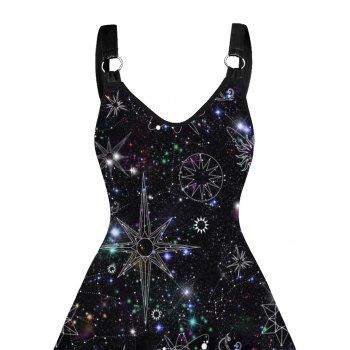 Allover Galaxy Print Straps Sleeveless Tank Dress O Ring V Neck A Line Dress