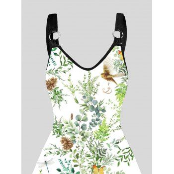 Allover Plant and Animals Print Tank Dress O Ring V Neck A Line Casual Dress