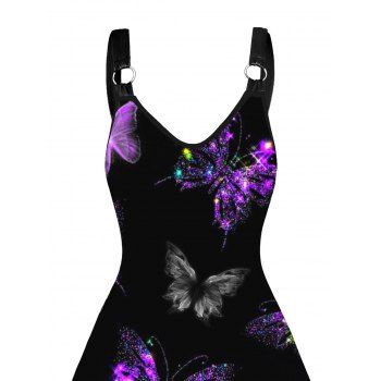 Valentine's Day Allover Colorful Butterfly Print Dress V Neck O-Ring A Line Dress