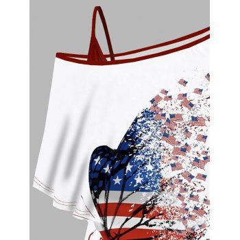 US Flag Print Oblique Shoulder T-shirt And Cinched V Neck Spaghetti Strap Camisole Two Piece Set