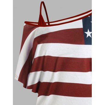 Allover American Flag Print Oblique Shoulder T-shirt And Cinched V Neck Camisole Two Piece Set