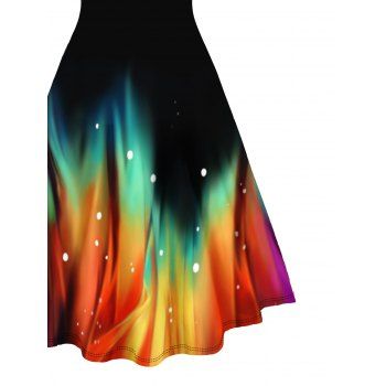 Colorful Print Hem V Neck Dress O Ring Straps Sleeveless A Line Tank Dress