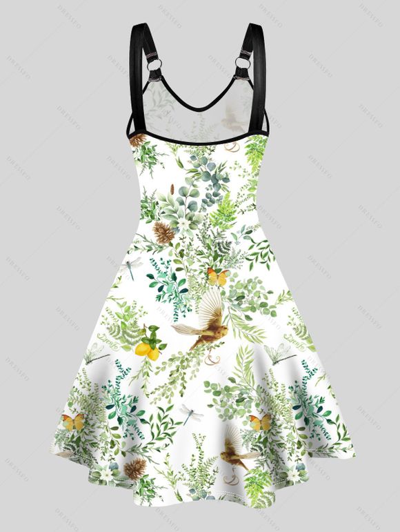 Robe Ligne A Décontractée Plante et Animal Imprimés Partout à Col V - Blanc L