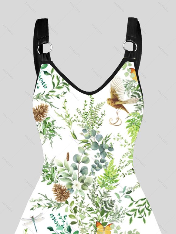 Robe Ligne A Décontractée Plante et Animal Imprimés Partout à Col V - Blanc L