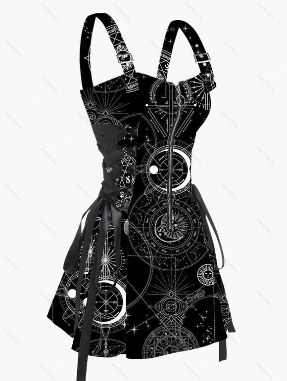 Mini Robe Géométrique Imprimé à Bretelle Bouclée à Lacets - Noir XXL