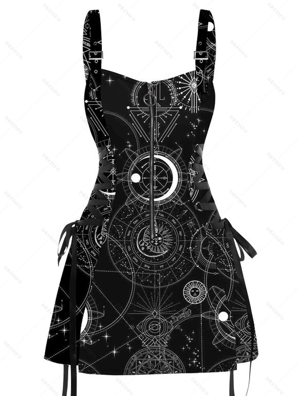 Mini Robe Géométrique Imprimé à Bretelle Bouclée à Lacets - Noir XL