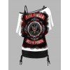 Five Finger Death Punch Print Oblique Shoulder T-shirt And Cinched V Neck Spaghetti Strap Camisole Two Piece Set