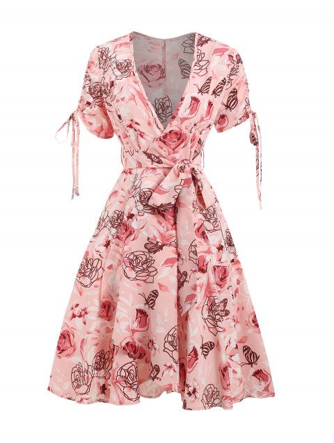 Robe D'été Plongeante à Rose et Papillon