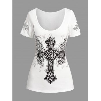 Cross Print Short Sleeve Summer Tee Hollow Out Lace Up Tee 