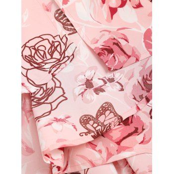 Allover Butterfly Rose Print Cinched Shoulder Dress Plunge Self Belt Summer Wrap Dress