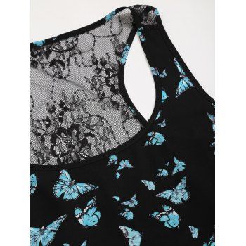 Allover Butterfly Print Square Collar Sheer Back Tee Sleeveless Summer Handkerchief T Shirt 