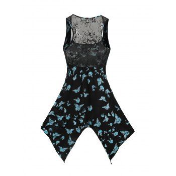 Allover Butterfly Print Square Collar Sheer Back Tee Sleeveless Summer Handkerchief T Shirt 