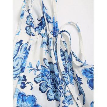 Floral Print Double V Neck Drawstring Shoulder Dress Crossover Sleeveless Summer High Low Dress