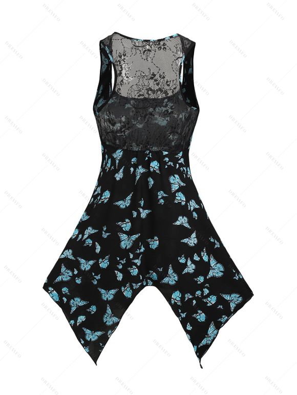 T-shirt D'Eté Papillon en Tissu Imprimé Transparent sans Manches à Col Carré - Noir L | US 8-10