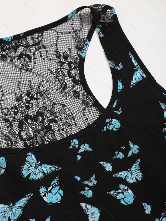 T-shirt D'Eté Papillon en Tissu Imprimé Transparent sans Manches à Col Carré - Noir L | US 8-10