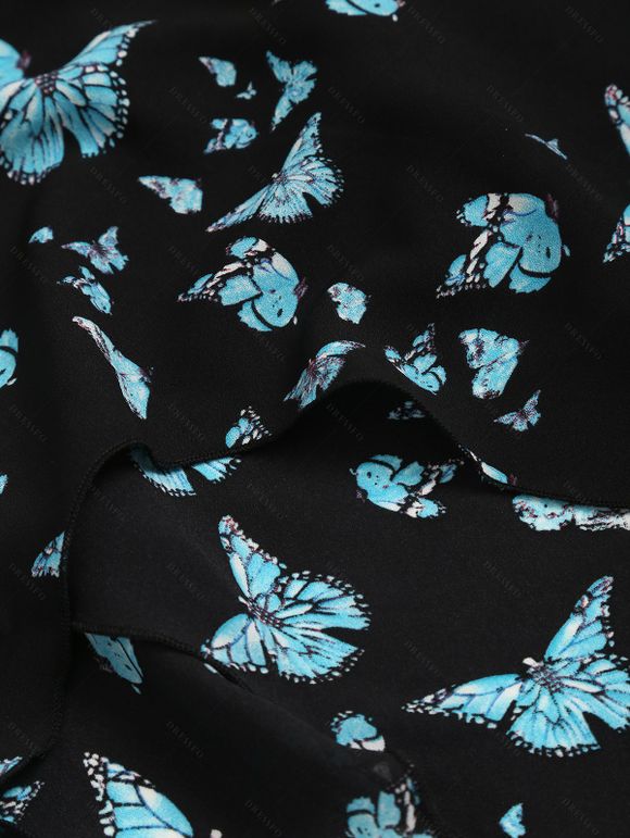T-shirt D'Eté Papillon en Tissu Imprimé Transparent sans Manches à Col Carré - Noir L | US 8-10