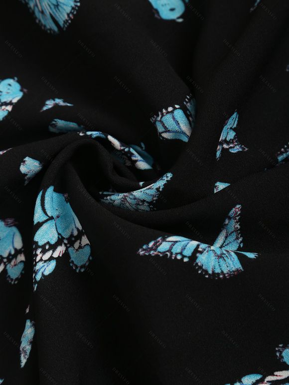 T-shirt D'Eté Papillon en Tissu Imprimé Transparent sans Manches à Col Carré - Noir L | US 8-10