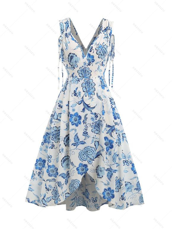 Robe D'Eté Haute Basse Croisée Fleurie Imprimée sans Manches à Cordon - Bleu Ciel XL | US 12
