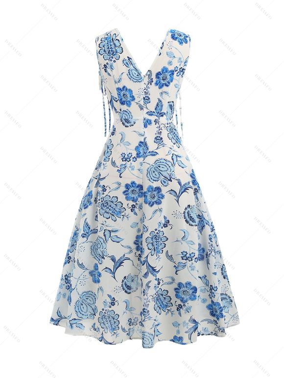 Robe D'Eté Haute Basse Croisée Fleurie Imprimée sans Manches à Cordon - Bleu Ciel L | US 8-10