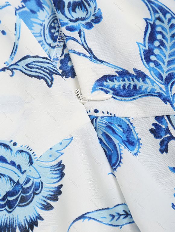 Robe D'Eté Haute Basse Croisée Fleurie Imprimée sans Manches à Cordon - Bleu Ciel L | US 8-10