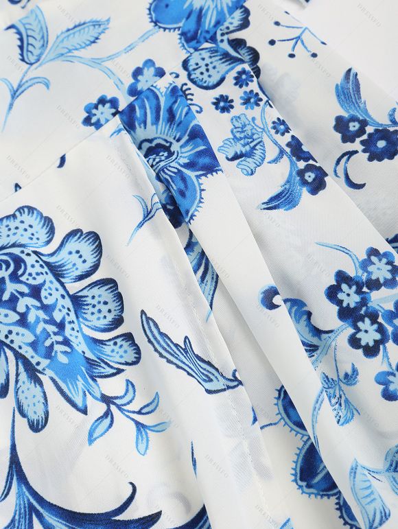 Robe D'Eté Haute Basse Croisée Fleurie Imprimée sans Manches à Cordon - Bleu Ciel L | US 8-10