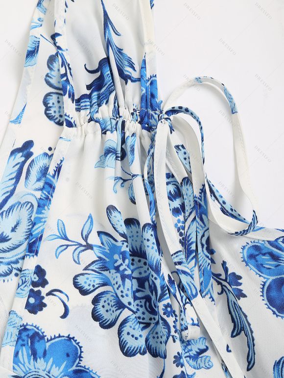 Robe D'Eté Haute Basse Croisée Fleurie Imprimée sans Manches à Cordon - Bleu Ciel L | US 8-10