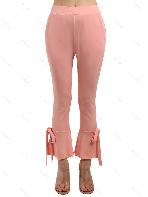 Pantalon D'Eté Capri en Couleur Unie avec Nœud Papillon Ourlet à Volants à Taille Elastique - Rose clair M | US 6