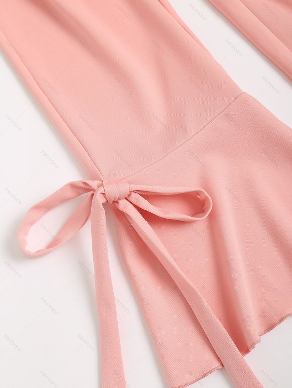 Pantalon D'Eté Capri en Couleur Unie avec Nœud Papillon Ourlet à Volants à Taille Elastique - Rose clair M | US 6