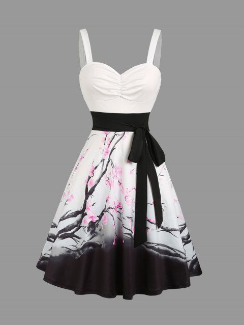 Sweetheart Neck Plum Blossom Ombre Print Ruched Bust Tank Belt Summer Dress