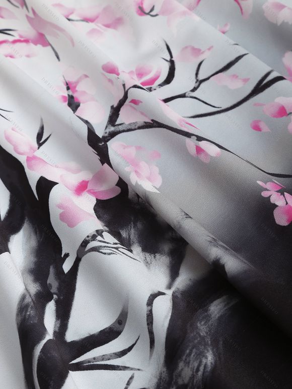 Robe D'Été sans Manches Froncé avec Col en Cœur à Imprimé Fleurs de Prunier et Ceinture - Blanc XXL | US 14