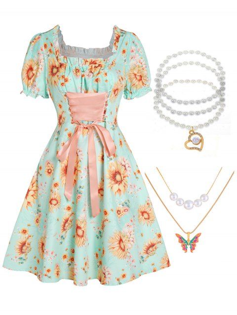 Sunflower Floral Print Mini Dress And Faux Pearl Layered Necklace Rhinestone Bracelet Outfit