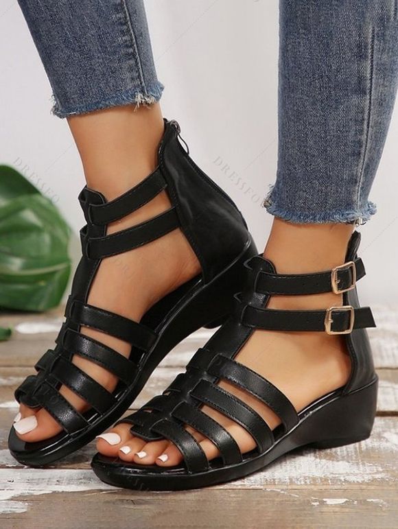 Anti-Slip Soft Bottom And Soft Surface Wedge Sandals Peep Toe Roman Style Flat Sandals - Noir EU 40