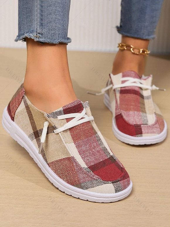 Plaid Pattern Casual Lightweight Sport Slip-On Flat Round Toe Canvas Shoes - Rouge EU 39