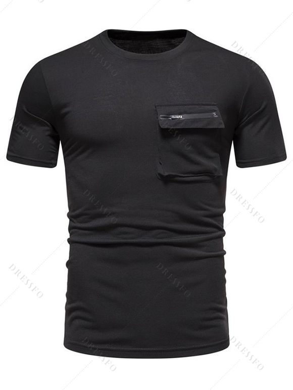 T-shirt D'été Simple avec Poche Zippée à Col Rond à Manches Courtes pour Homme - Noir XXL