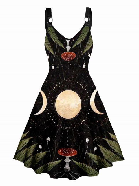 Moon Sun Mushroom Leaf Print Straps Sleeveless Tank O Ring A Line Dress