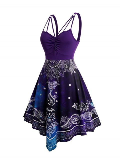 Robe asymétrique décontractée sans manches à taille moyenne pour femme, imprimé tête de mort, froncée, anneau en O, style crâne
