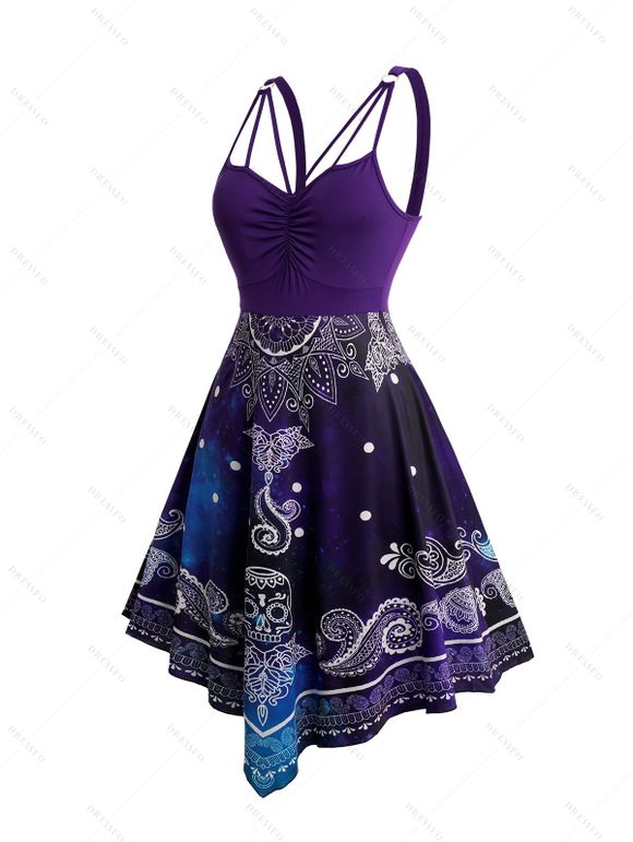Robe asymétrique décontractée sans manches à taille moyenne pour femme, imprimé tête de mort, froncée, anneau en O, style crâne - Pourpre L | US 12