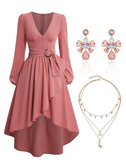 High Low Wrap Solid Color Irregular Dress And 3 Layers Stacking Chain Necklace Bowknot Earrings Outfit