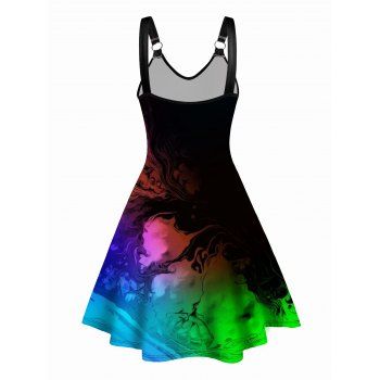 Colorful Print V Neck Dress O Ring Straps Sleeveless A Line Summer Dress 