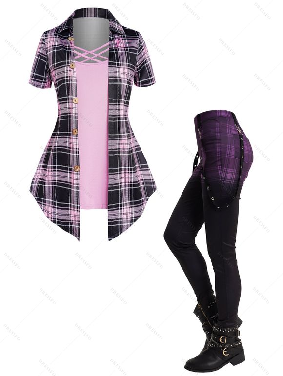 T-shirt Croisé Ombre à Carreaux Imprimé et Pantalon Crayon Faux Deux Pièces - Violet clair S | US 4